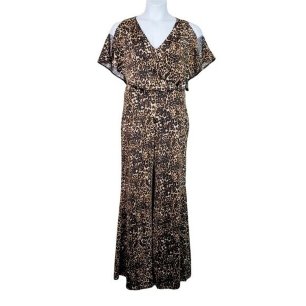Bebe Womens Split Sleeve Leopard Animal Print Wide Leg Jumpsuit Size 8 NWT